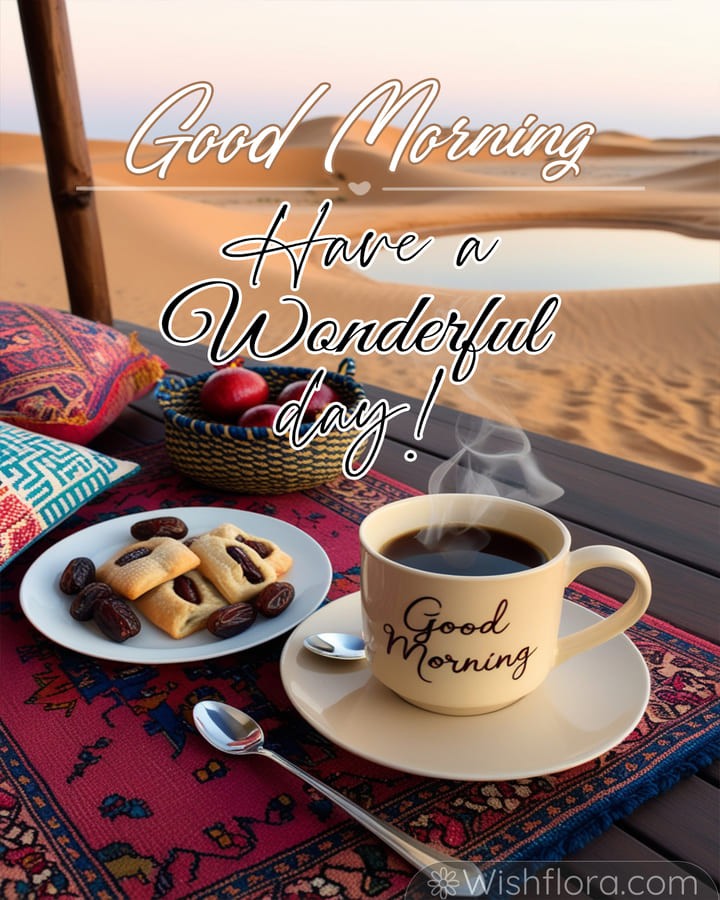 Serene Good Morning Images of a desert scene with a steaming coffee cup, date-filled pastries, vibrant rug, and golden sand dunes, perfect for peaceful good morning wishes.