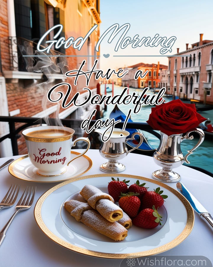 Elegant Good Morning Images of a Venetian canal breakfast with a fine china coffee cup, powdered pastries, fresh strawberries, and a romantic red rose, ideal for heartfelt morning blessings.