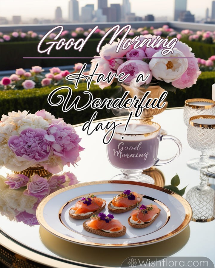 Beautiful Good Morning Images of a sophisticated breakfast with a steaming coffee cup, smoked salmon canapés, and pink roses against a garden and city skyline backdrop.