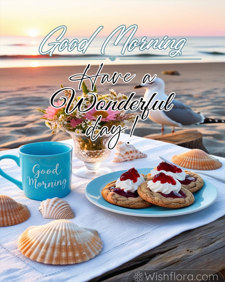 Tranquil Good Morning Images featuring a seaside breakfast with a steaming mug, cookies, seashell decor, pink daisies, and a sunrise over gentle ocean waves.