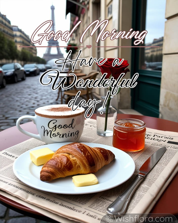 Charming Good Morning Images of a Parisian breakfast with a steaming mug, golden croissant, orange marmalade, and a view of the Eiffel Tower and cobblestone streets.