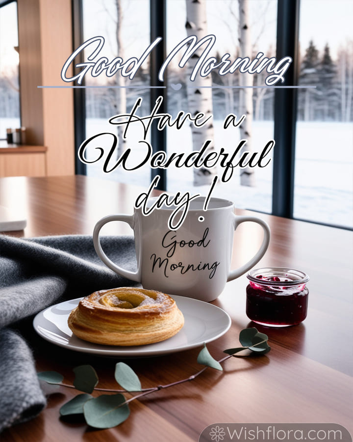 Peaceful Good Morning Images of a cozy winter morning with a steaming mug, cinnamon roll, soft blanket, and a snowy landscape of birch trees through large windows.