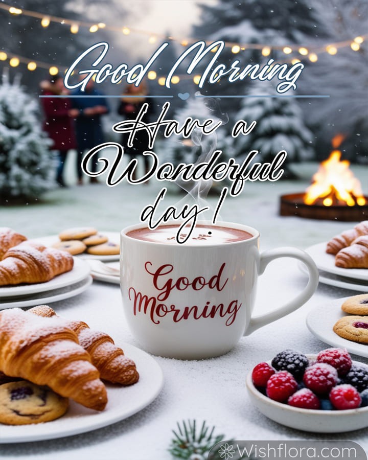 Magical Good Morning Images of a festive winter scene with a steaming mug, powdered croissants, cookies, string lights, and snow-dusted evergreen branches.