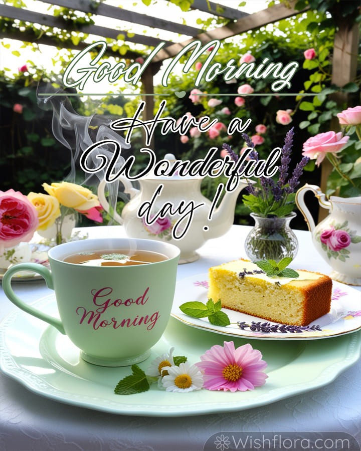 Uplifting Good Morning Images of a blooming garden with a steaming tea cup, lavender cake, vibrant roses, and dappled sunlight filtering through lush greenery.