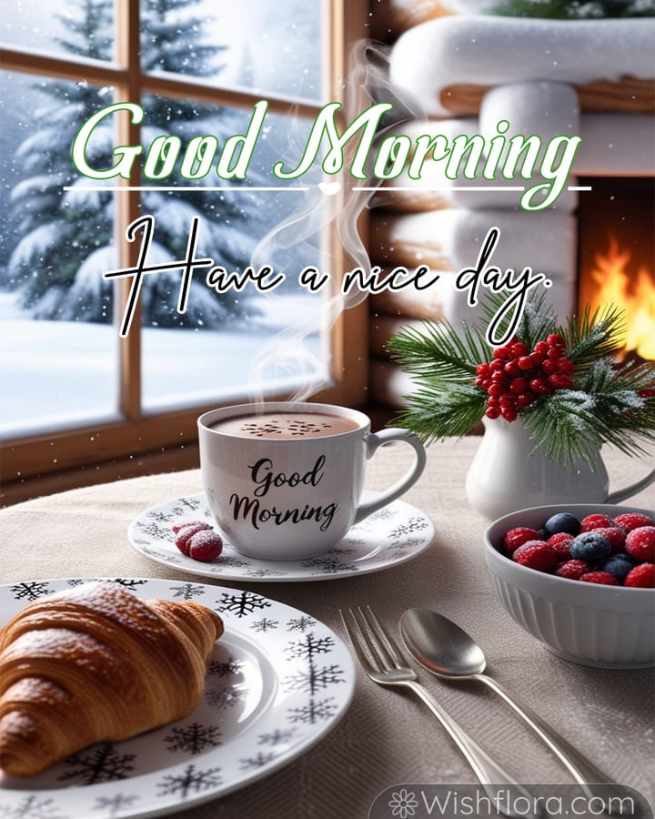 Cozy Good Morning Images of a festive winter morning with a steaming mug of hot chocolate, powdered croissant, fresh berries, holly berries, and snow-covered evergreens, spreading heartfelt good morning blessings.