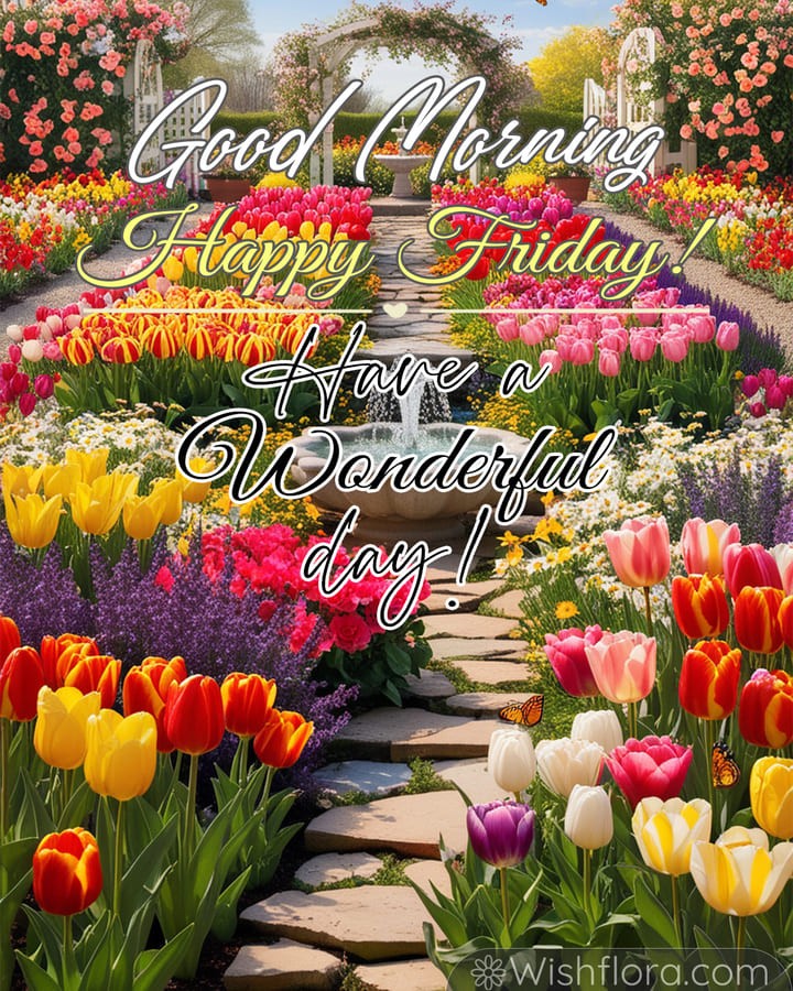 Good Morning Friday blessings with a vibrant garden scene featuring tulips, roses, wildflowers, butterflies, and a serene fountain.