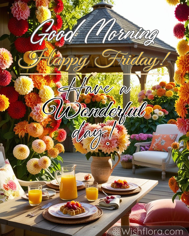 Good Morning Friday image of a cozy gazebo breakfast with golden waffles, orange juice, floral plates, and colorful dahlias.