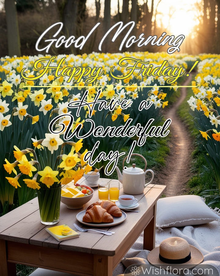 Good Morning Friday blessings with a rustic breakfast surrounded by blooming daffodils, croissants, orange juice, and a warm sunrise.