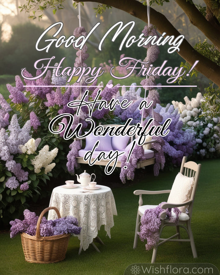 Good Morning Friday image of a cozy swing in a blooming lilac garden, with a lace-covered table, teacups, and morning sunlight.