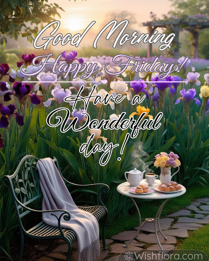 Good Morning Friday blessings with an iris garden, a wrought iron bench, lavender blanket, tea, pastries, and golden sunlight.