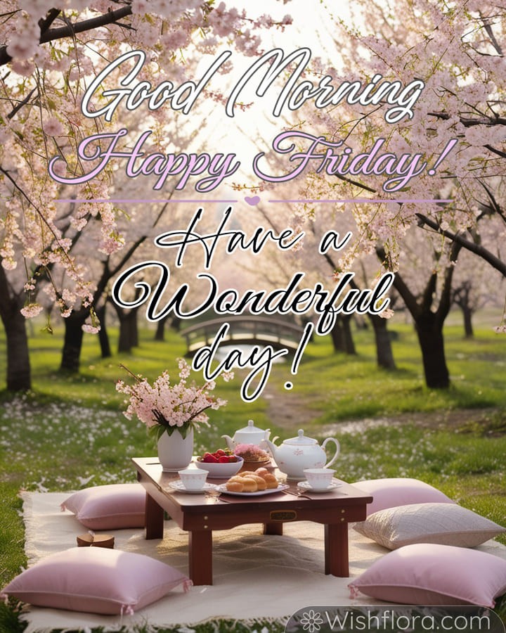 Good Morning Friday image of a picnic under cherry blossoms, featuring tea, croissants, berries, and sunlight filtering through blooms