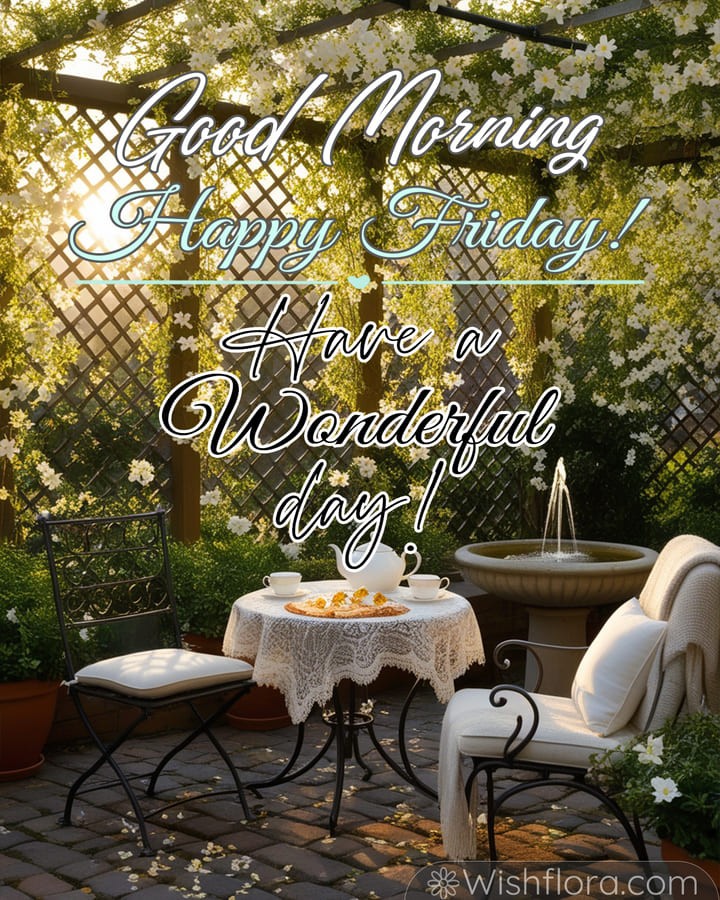 Good Morning Friday blessings with a quaint garden breakfast, lace-draped table, baked treats, trellis vines, and a graceful fountain.