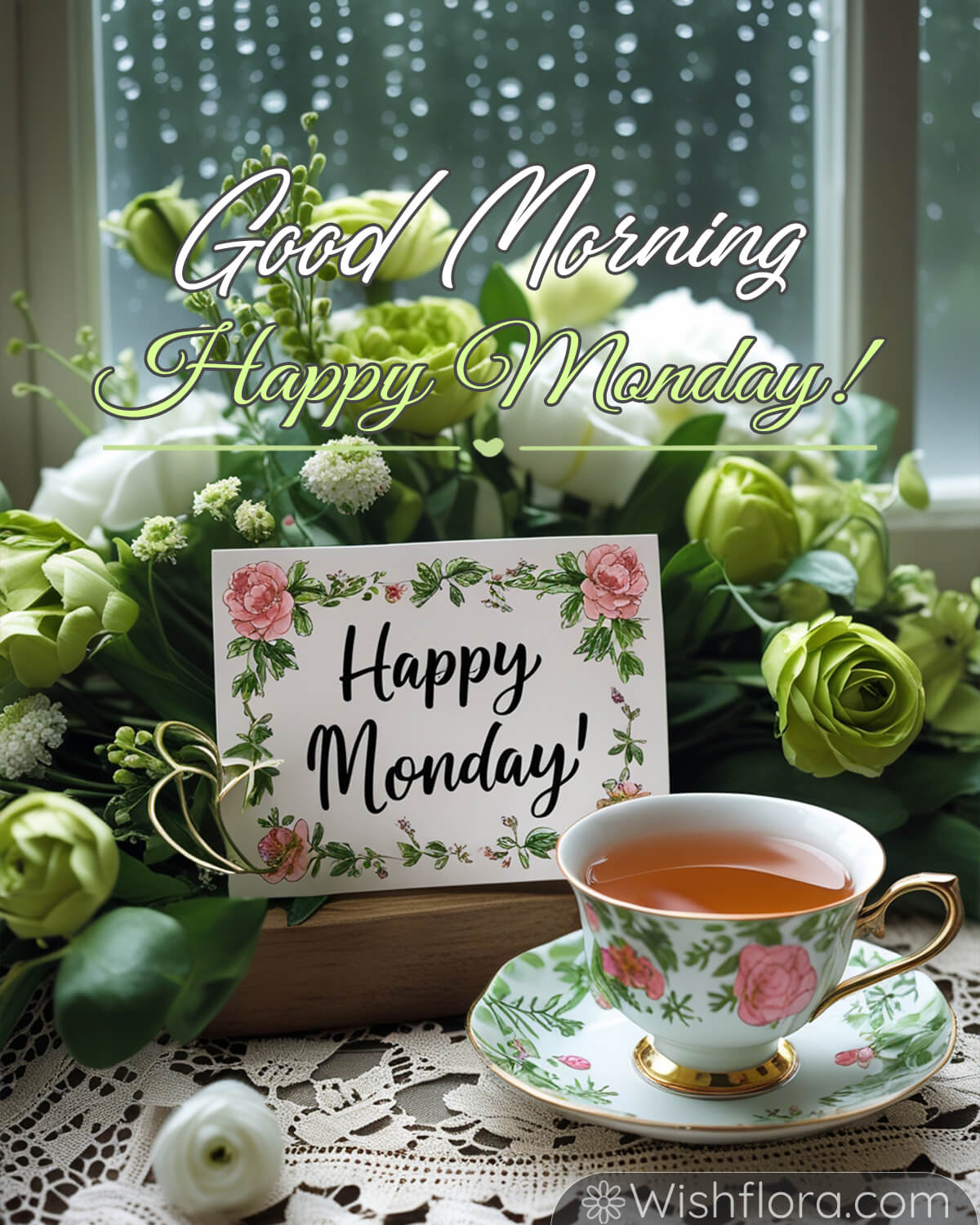 Good Morning Monday! A beautifully arranged scene with a floral teacup filled with tea, a lace tablecloth, and a card that reads 'Happy Monday!' surrounded by fresh flowers, with raindrops on the window in the background.