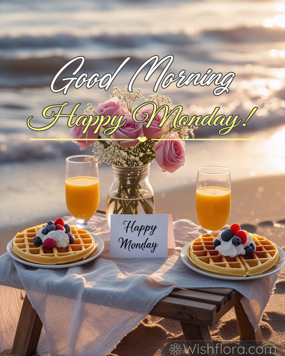 Good Morning Monday! A beautiful seaside breakfast setup featuring waffles topped with berries and cream, refreshing glasses of orange juice, a vase of pink roses, and a 'Happy Monday' card on a small wooden table, with gentle waves in the background.