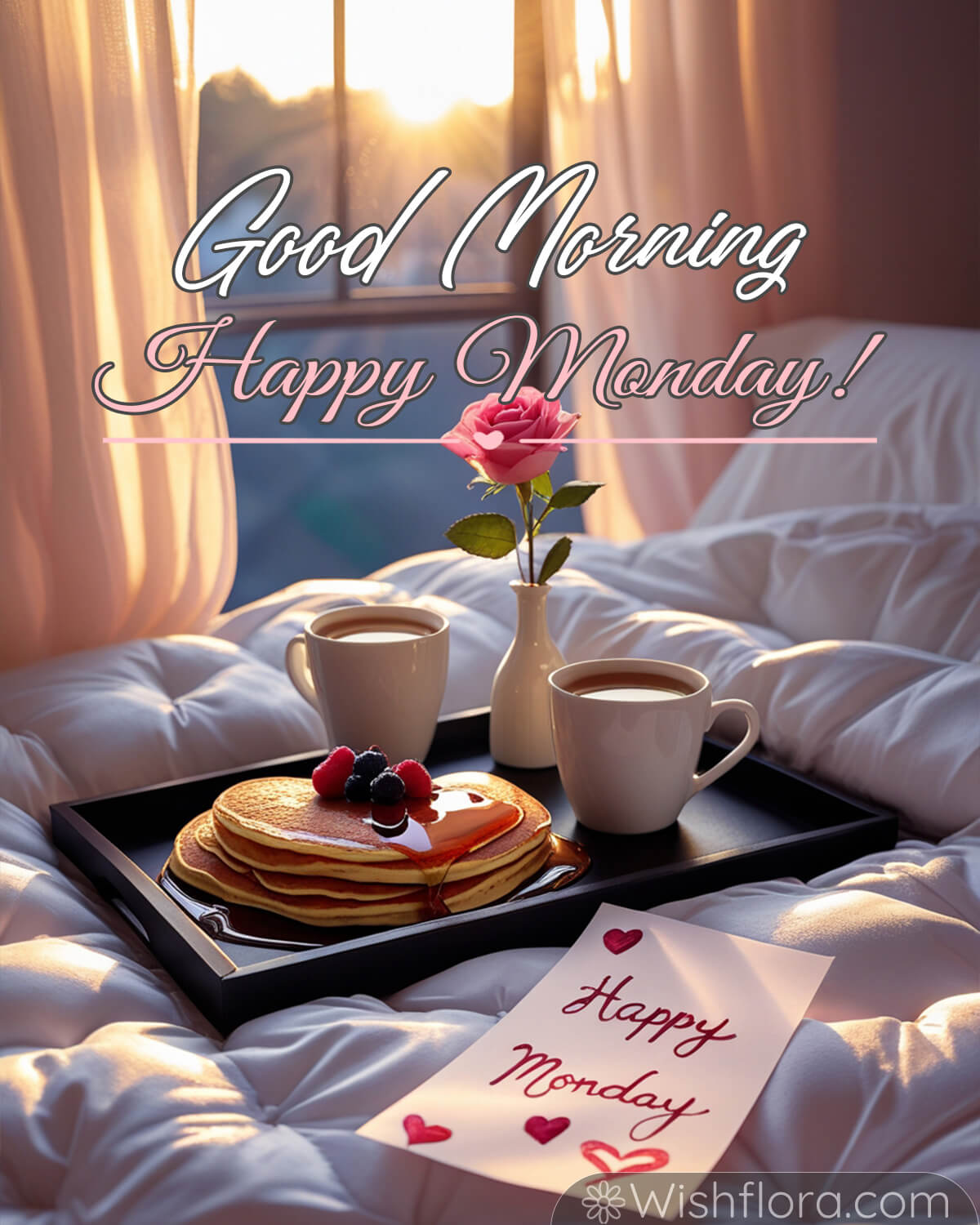 Good Morning Monday! A cozy breakfast-in-bed setup with pancakes topped with fresh berries and syrup, steaming coffee cups, a vase holding a pink rose, and a handwritten 'Happy Monday' note, all bathed in soft morning sunlight.