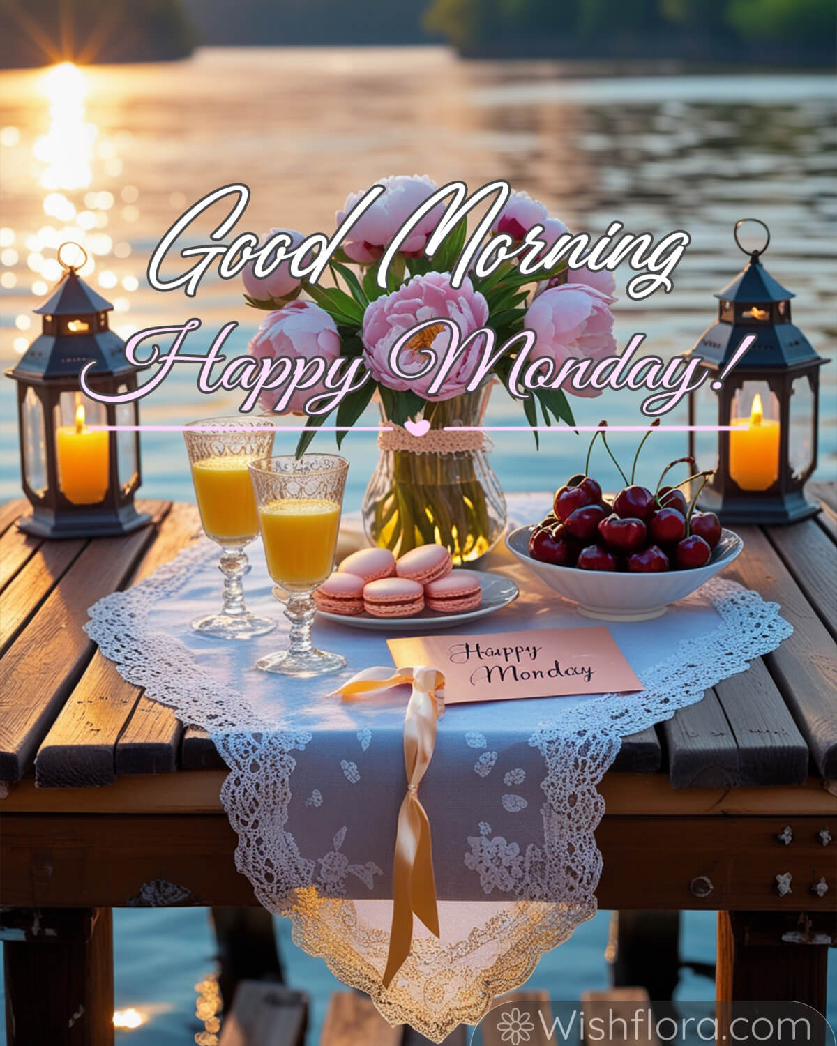 Good Morning Monday! A charming lakeside breakfast table featuring a vase of pink peonies, two glasses of orange juice, a plate of cherries, colorful macarons, and a 'Happy Monday' card, all surrounded by lanterns glowing softly at sunrise.