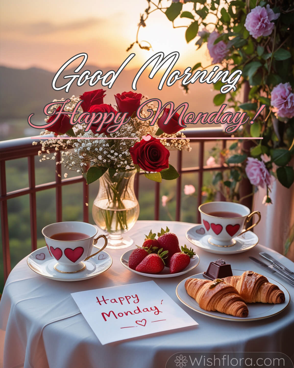 Good Morning Monday! A romantic balcony breakfast table adorned with a vase of red roses, heart-themed teacups, fresh strawberries, buttery croissants, a piece of chocolate, and a handwritten 'Happy Monday' note, set against a breathtaking sunrise view.