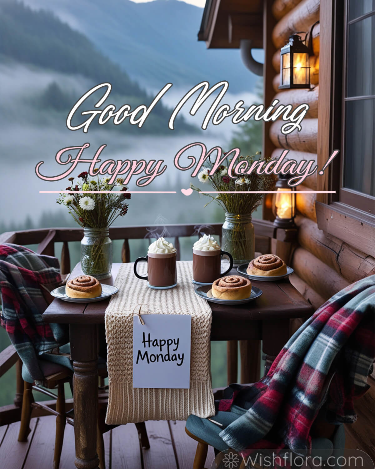 Good Morning Monday! A cozy cabin porch breakfast scene featuring steaming mugs of hot chocolate with whipped cream, freshly baked cinnamon rolls, wildflower bouquets, and a 'Happy Monday' card, all set against a backdrop of misty mountains.