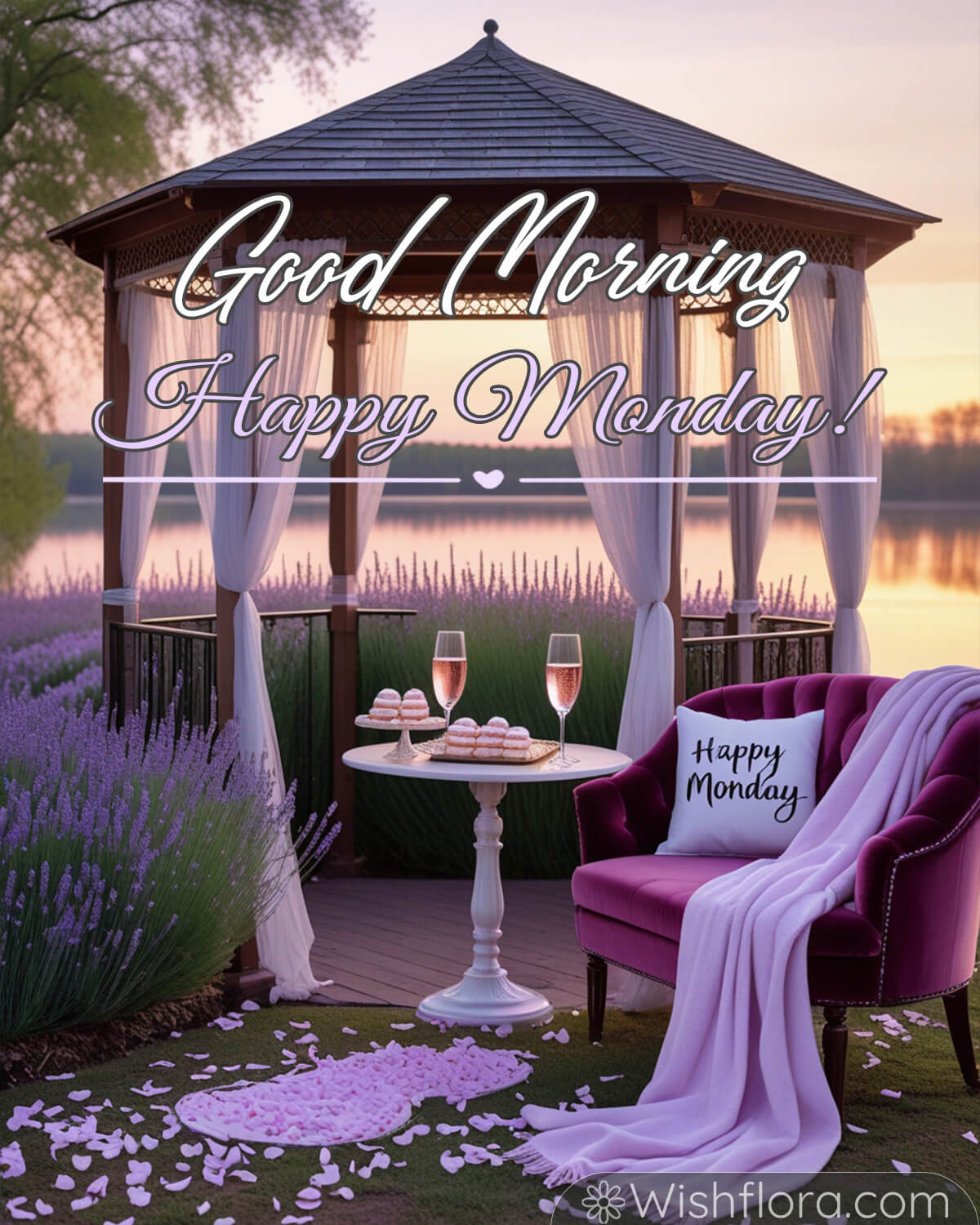 Good Morning Monday! A picturesque gazebo surrounded by blooming lavender fields, showcasing a table with colorful macarons and rose wine, a plush purple chair adorned with a 'Happy Monday' pillow, and scattered rose petals glowing in the warm sunset light.