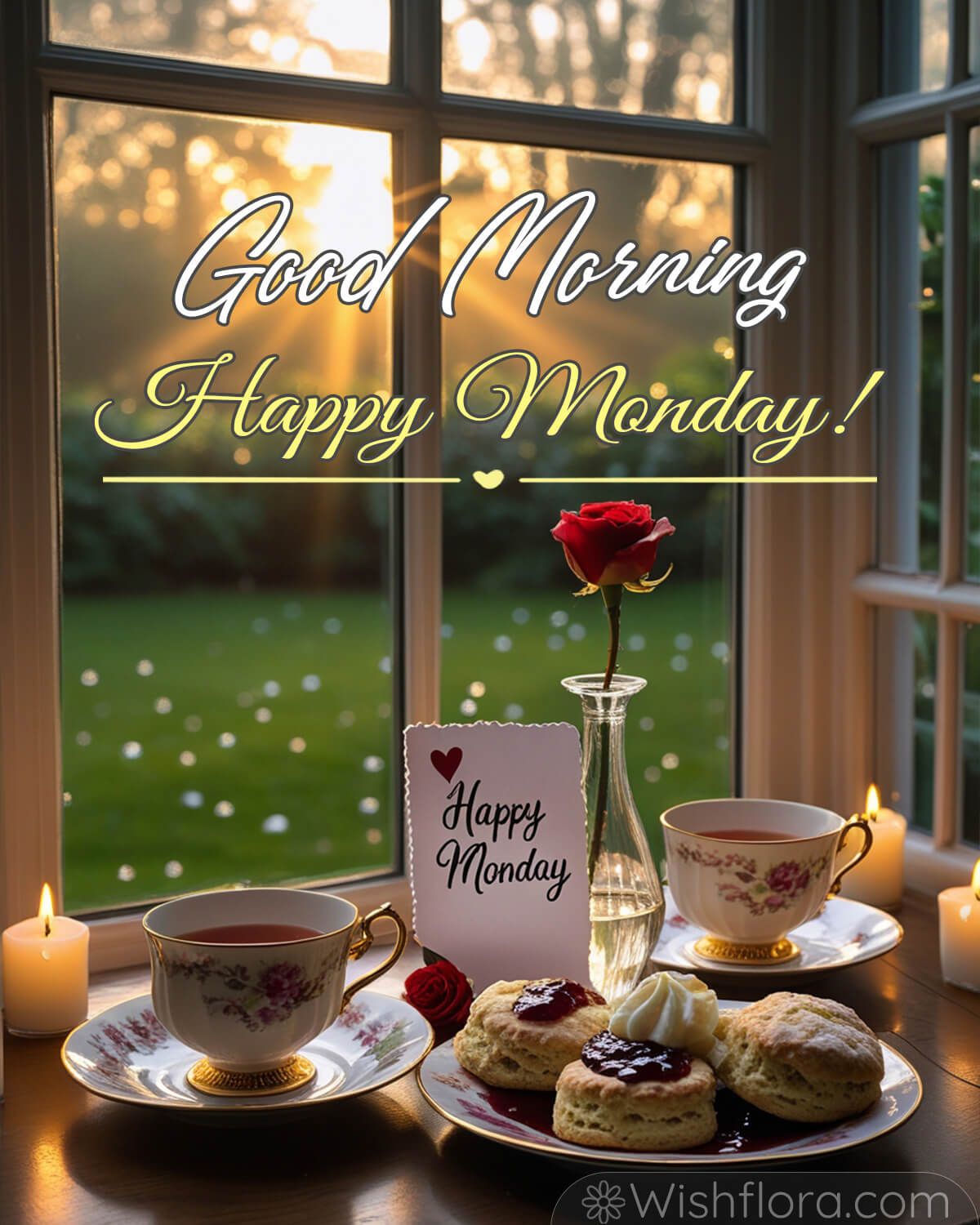 Good Morning Monday! A cozy table setup by a sunlit window, featuring a delicate tea set, scones with jam and cream, a 'Happy Monday' card, a single red rose in a vase, and softly glowing candles.