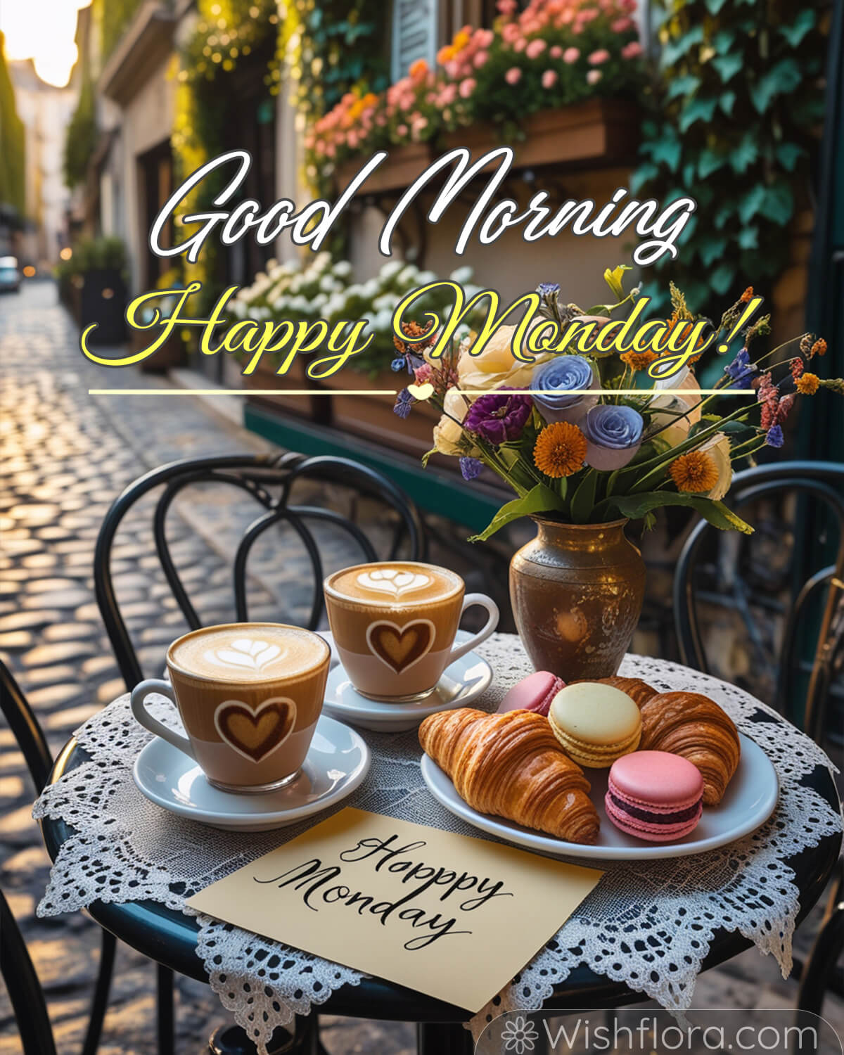 Good Morning Monday! A charming outdoor café table adorned with heart-themed lattes, buttery croissants, colorful macarons, a bouquet of fresh flowers, and a 'Happy Monday' card, set against a cobblestone street with vibrant floral decorations.