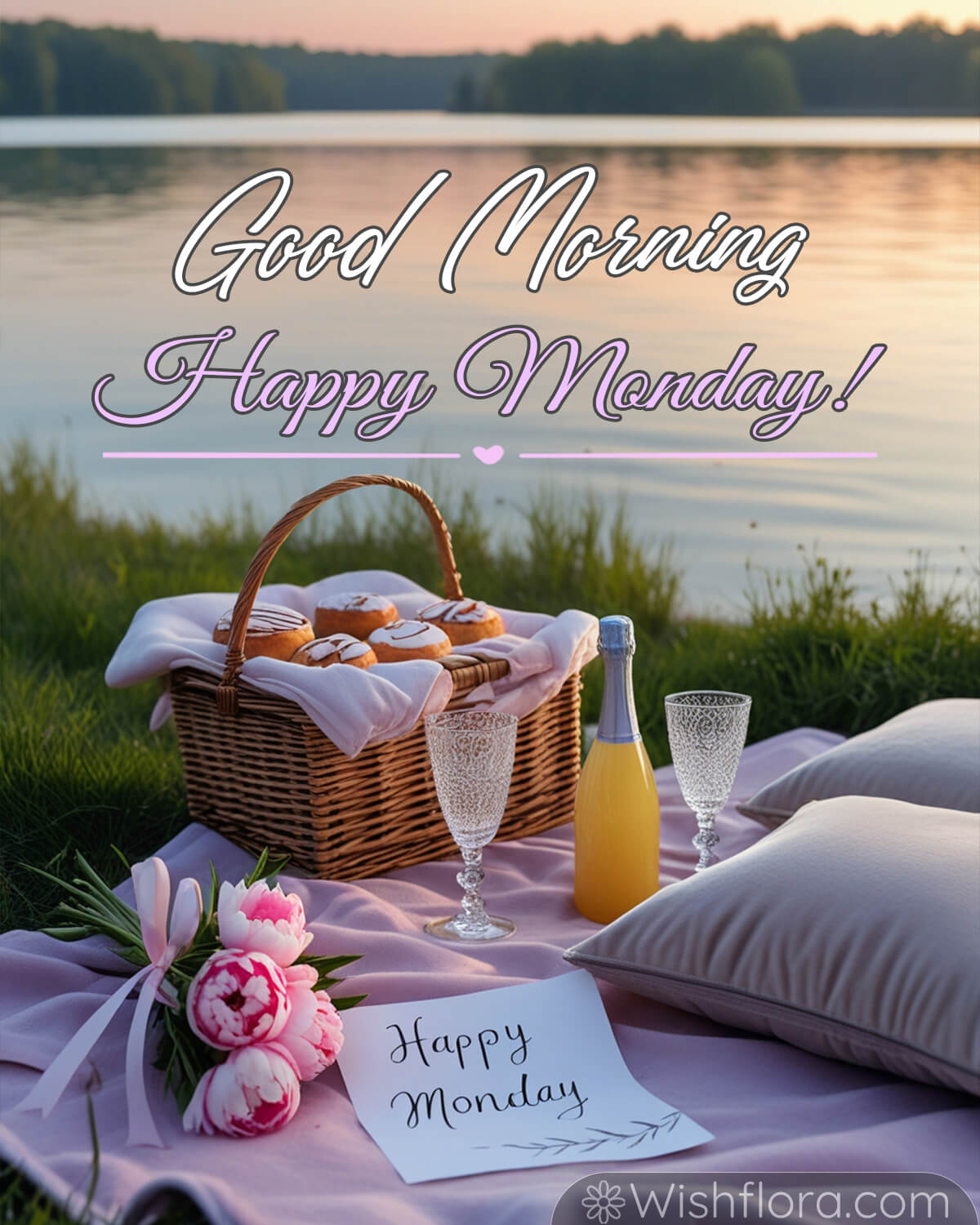 Good Morning Monday! A serene lakeside picnic setup with a basket of freshly baked pastries, a bottle of orange juice, elegant glassware, a bouquet of pink peonies, and a 'Happy Monday' note, all arranged on a soft lavender blanket.