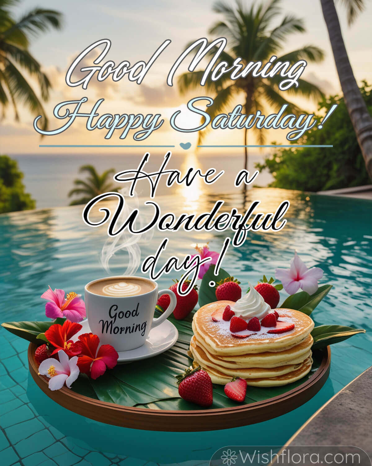 Good morning Saturday image with tropical background, coffee, pancakes, and vibrant flowers.