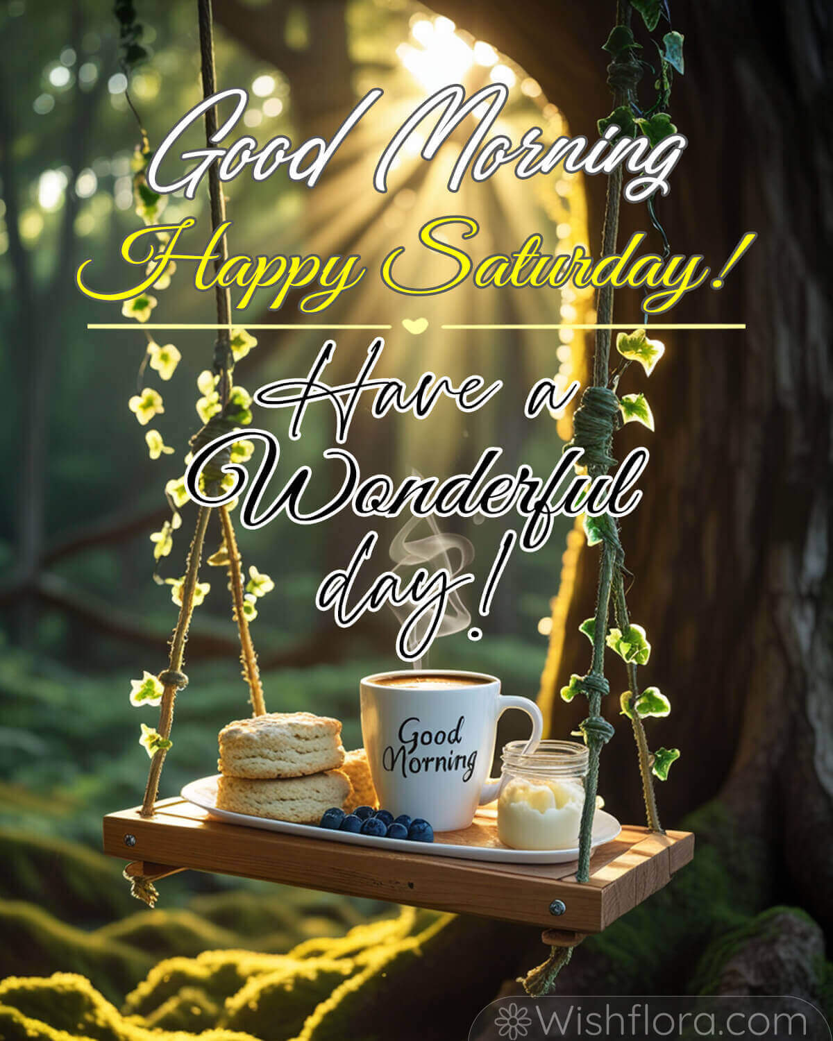 Good morning Saturday blessings image with coffee, biscuits, blueberries, cream, and a swing in a forest setting.