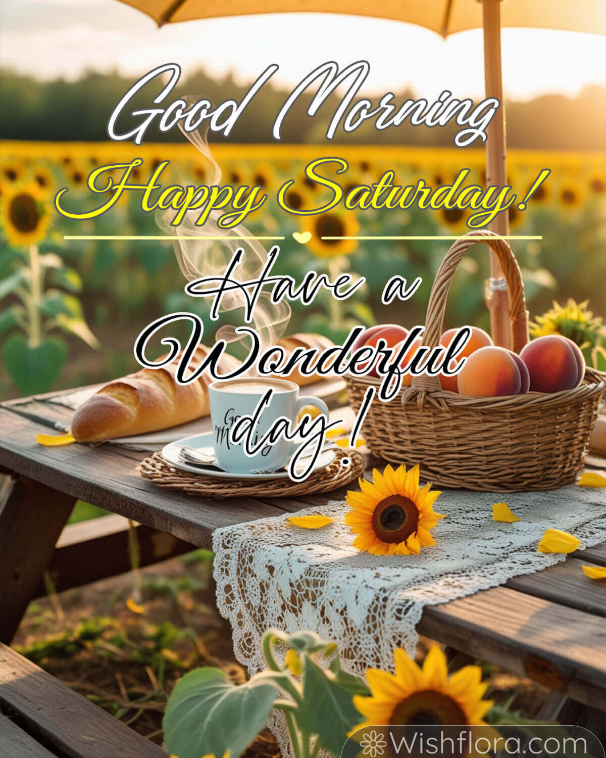 Good morning Saturday blessings image with a rustic picnic table, coffee, fresh bread, peaches, and a sunflower field.