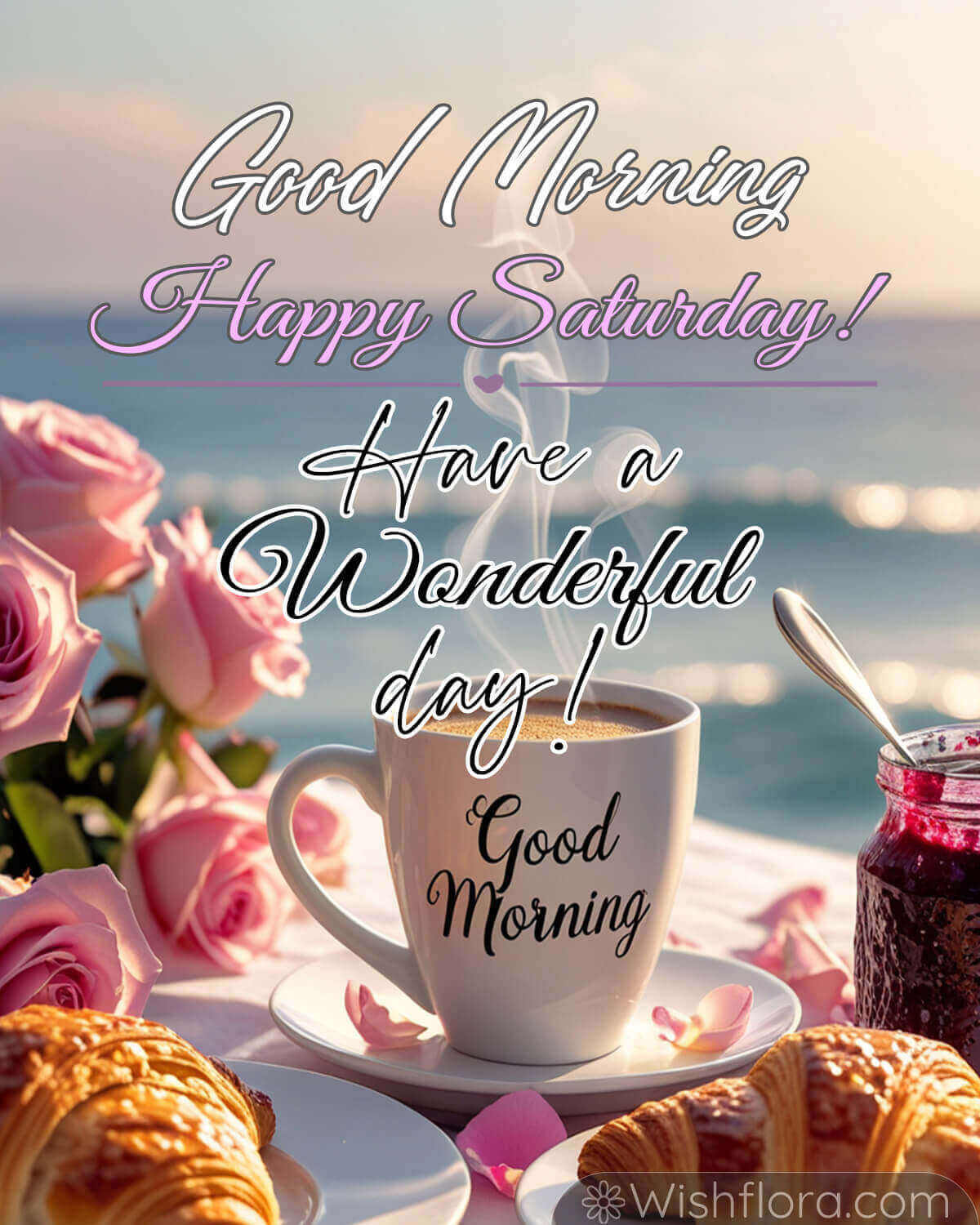 Good morning Saturday blessings image with coffee, croissants, pink roses, and an ocean view.