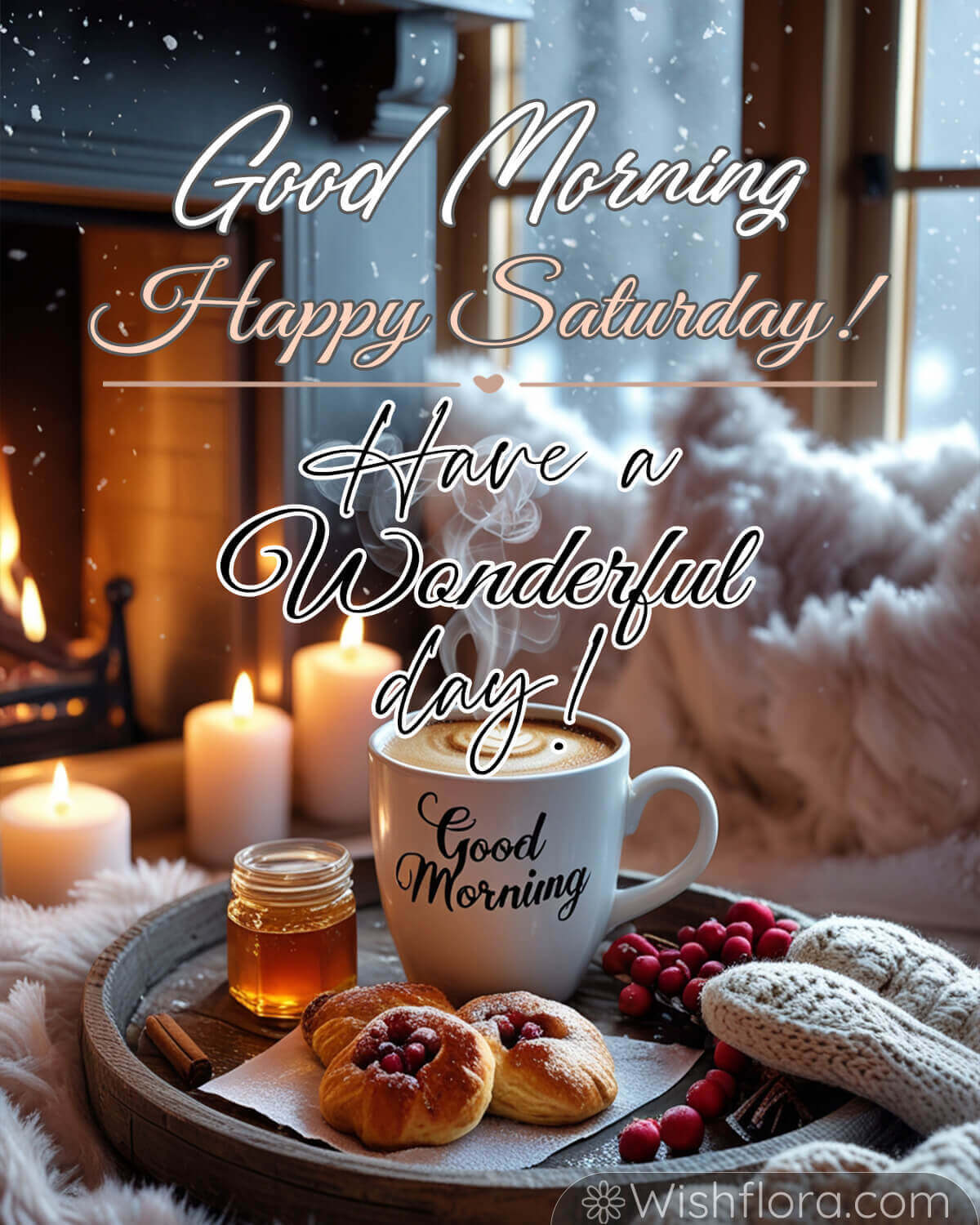 Good morning Saturday blessings image with a cozy fireplace, coffee, pastries, and winter decor.