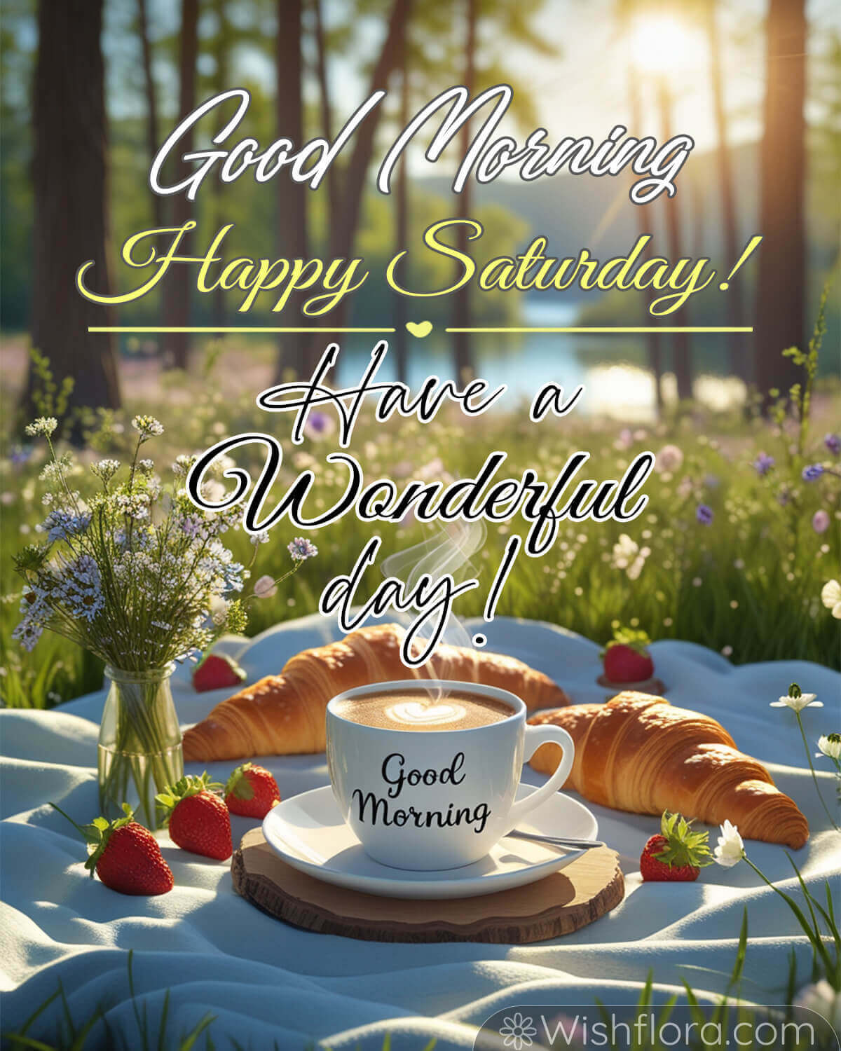 Good morning Saturday blessings image with coffee, croissants, strawberries, and a forest meadow setting.