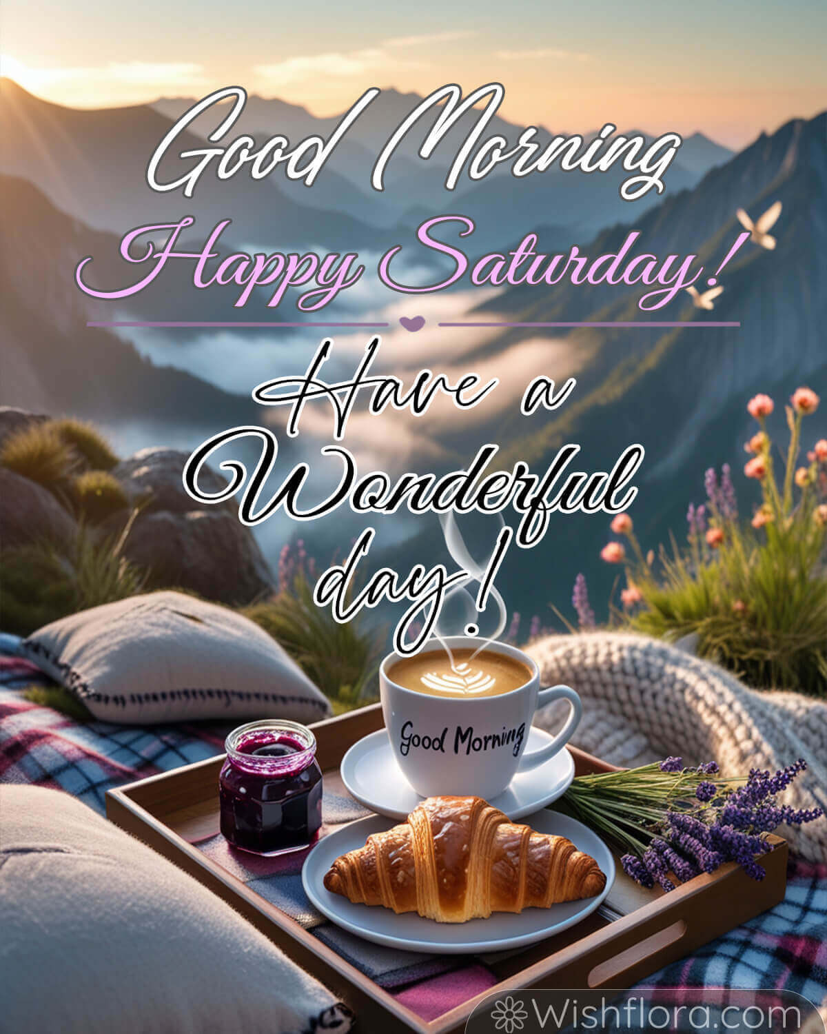 Good morning Saturday blessings image with coffee, croissants, jam, lavender, and a mountain view.