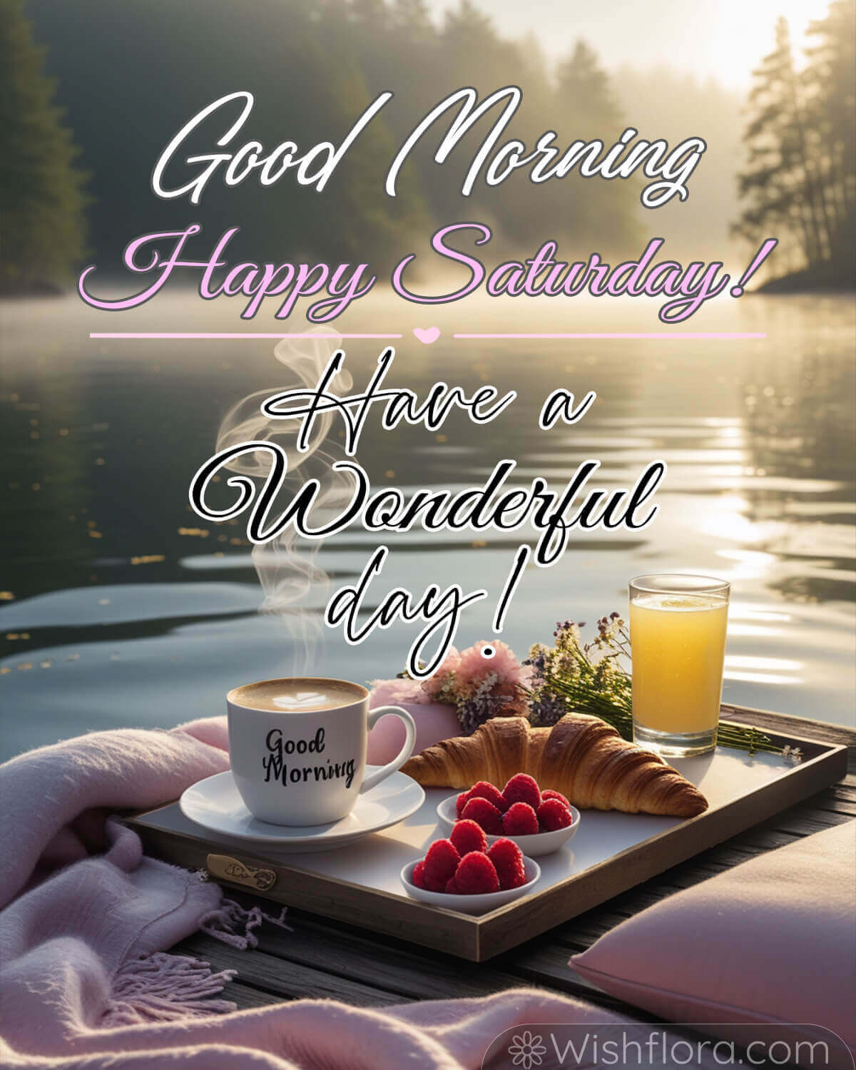 Good morning Saturday blessings image with coffee, croissants, raspberries, orange juice, and a serene lake view.