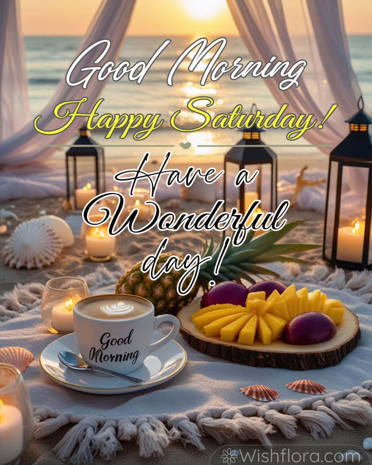 Good morning Saturday blessings image with coffee, tropical fruit, seashells, candles, and a beach sunset.