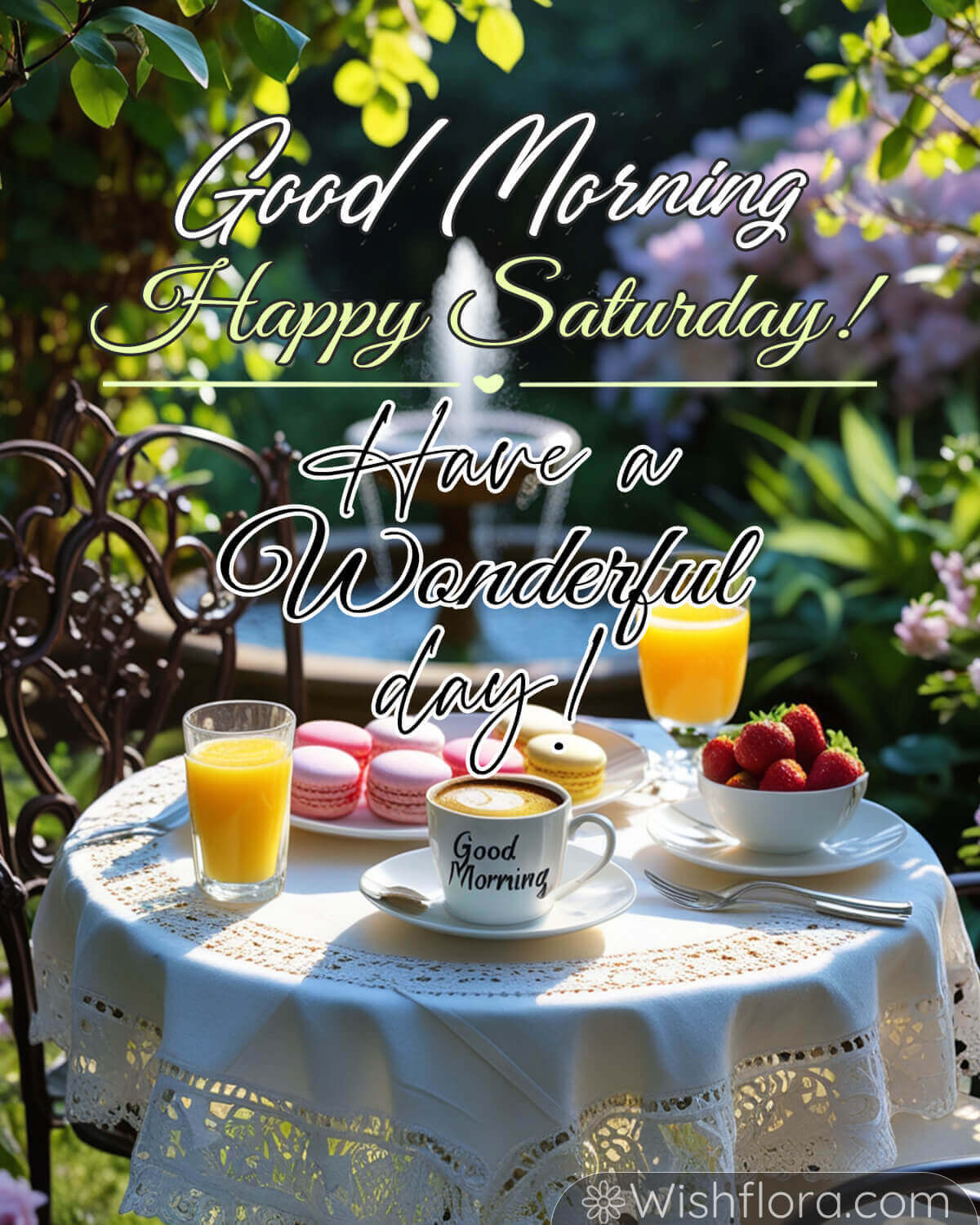 Good morning Saturday blessings image with coffee, orange juice, macarons, strawberries, and a garden table setting.