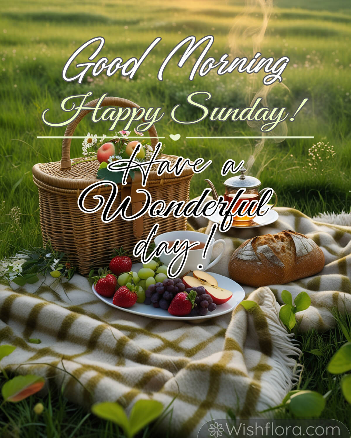 A serene picnic setup on a grassy field with fruits, bread, tea, and a wicker basket, accompanied by the text 'Good Morning Happy Sunday! Have a Wonderful Day!