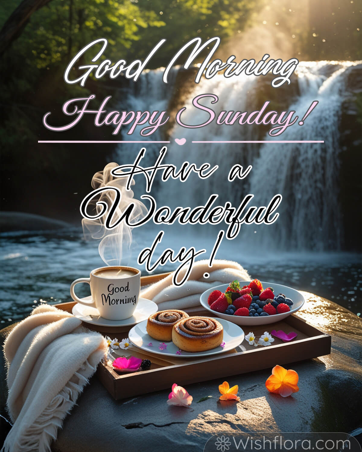 A serene riverside breakfast scene with a steaming cup of coffee labeled 'Good Morning,' cinnamon rolls, a bowl of fresh berries, and a blanket, set against a tranquil waterfall backdrop.