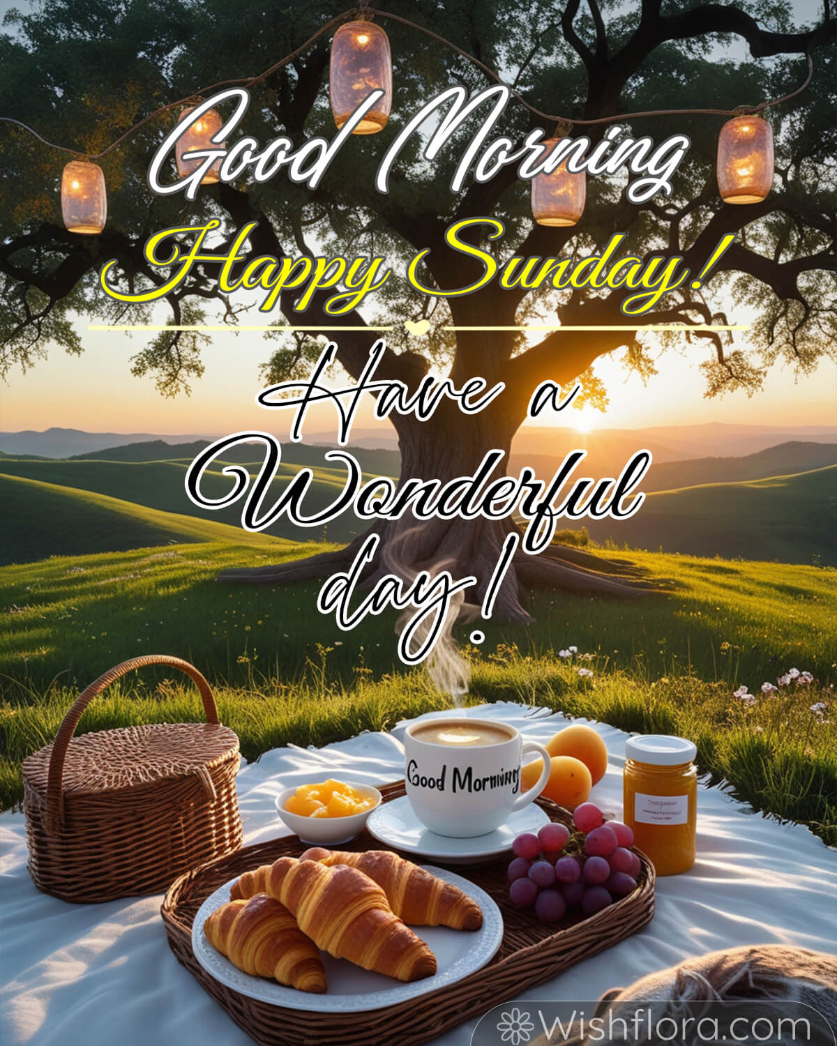 A sunny Sunday morning picnic under a tree with a steaming cup of coffee labeled 'Good Morning,' croissants, fruits, and a wicker basket, surrounded by a peaceful countryside view.