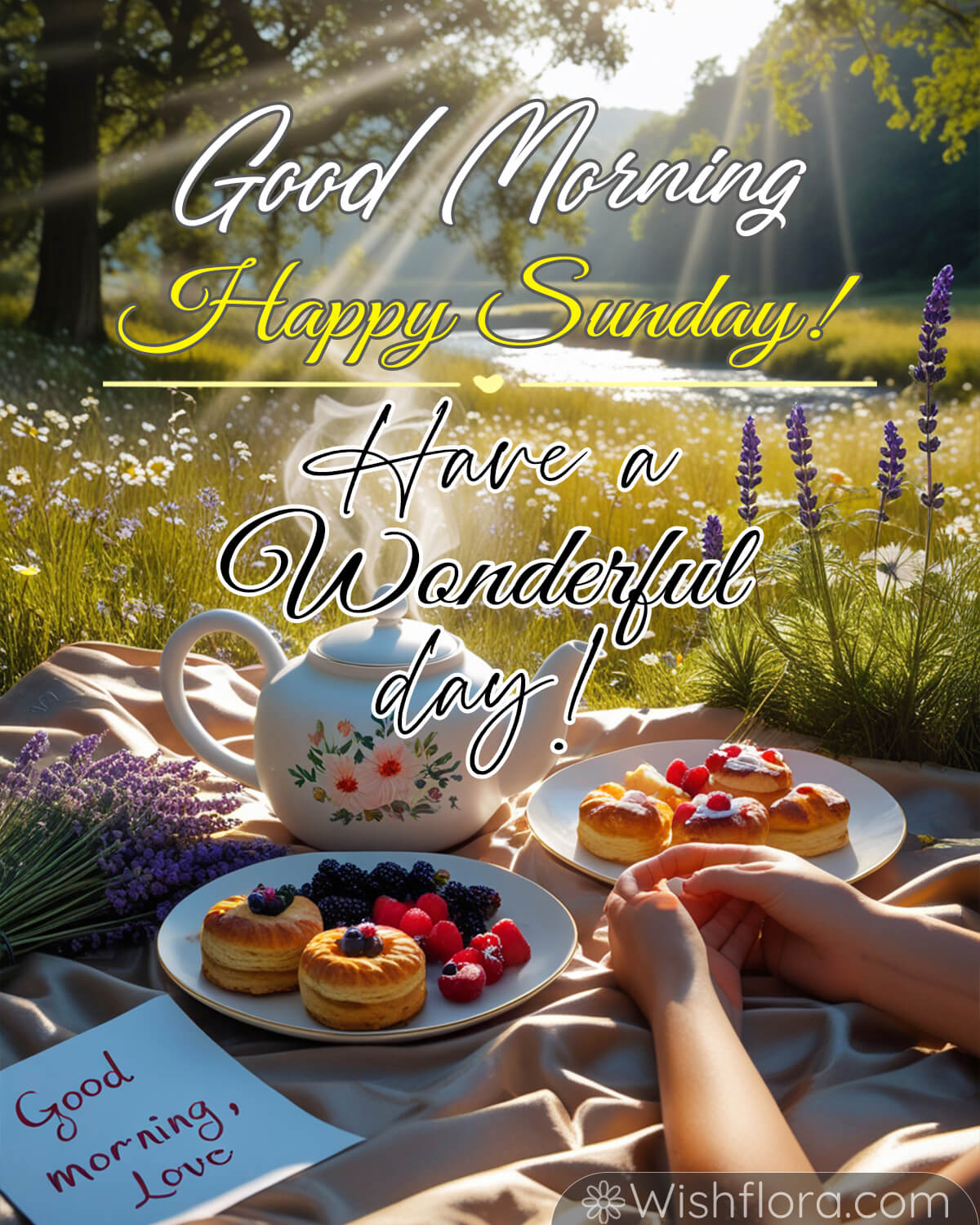 A romantic Sunday morning picnic with plates of pastries, fresh berries, a floral teapot, lavender flowers, and a handwritten note reading 'Good morning, Love' in a serene meadow.