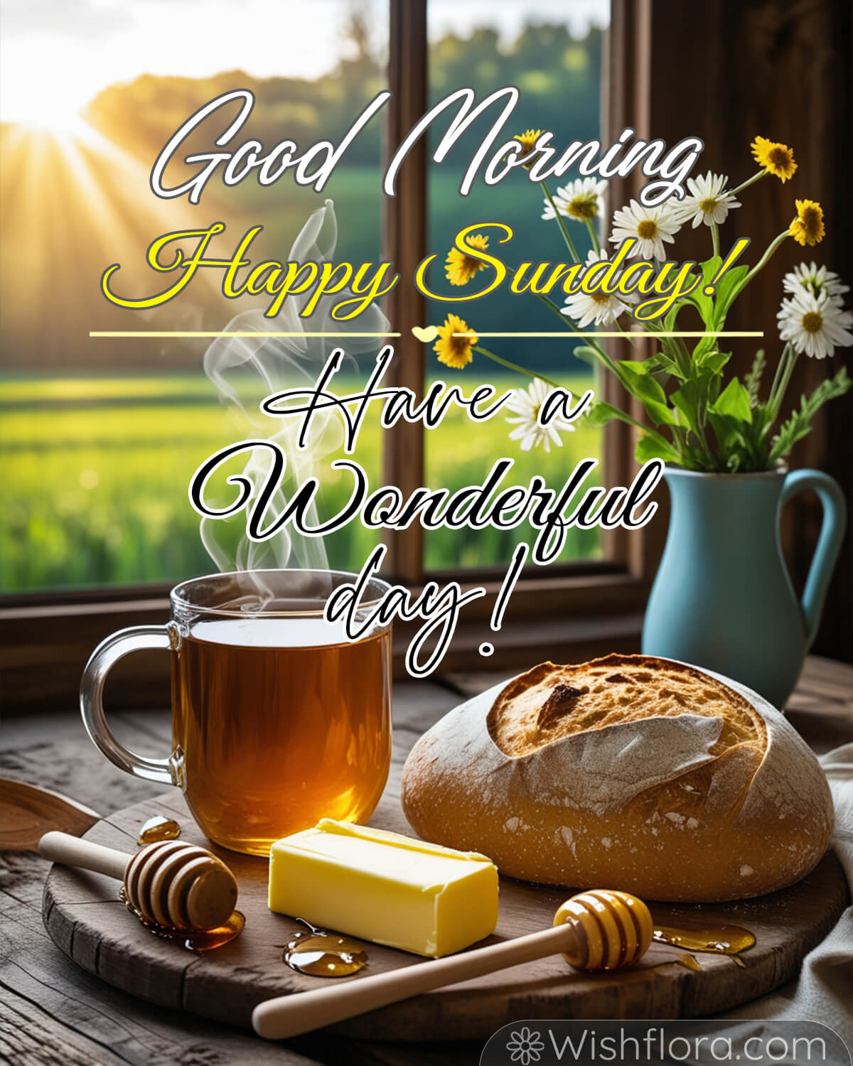 A cozy Sunday morning setup with a steaming glass of tea, fresh bread, a slab of butter, a honey dipper, and a vase of daisies by a window overlooking a sunny countryside.