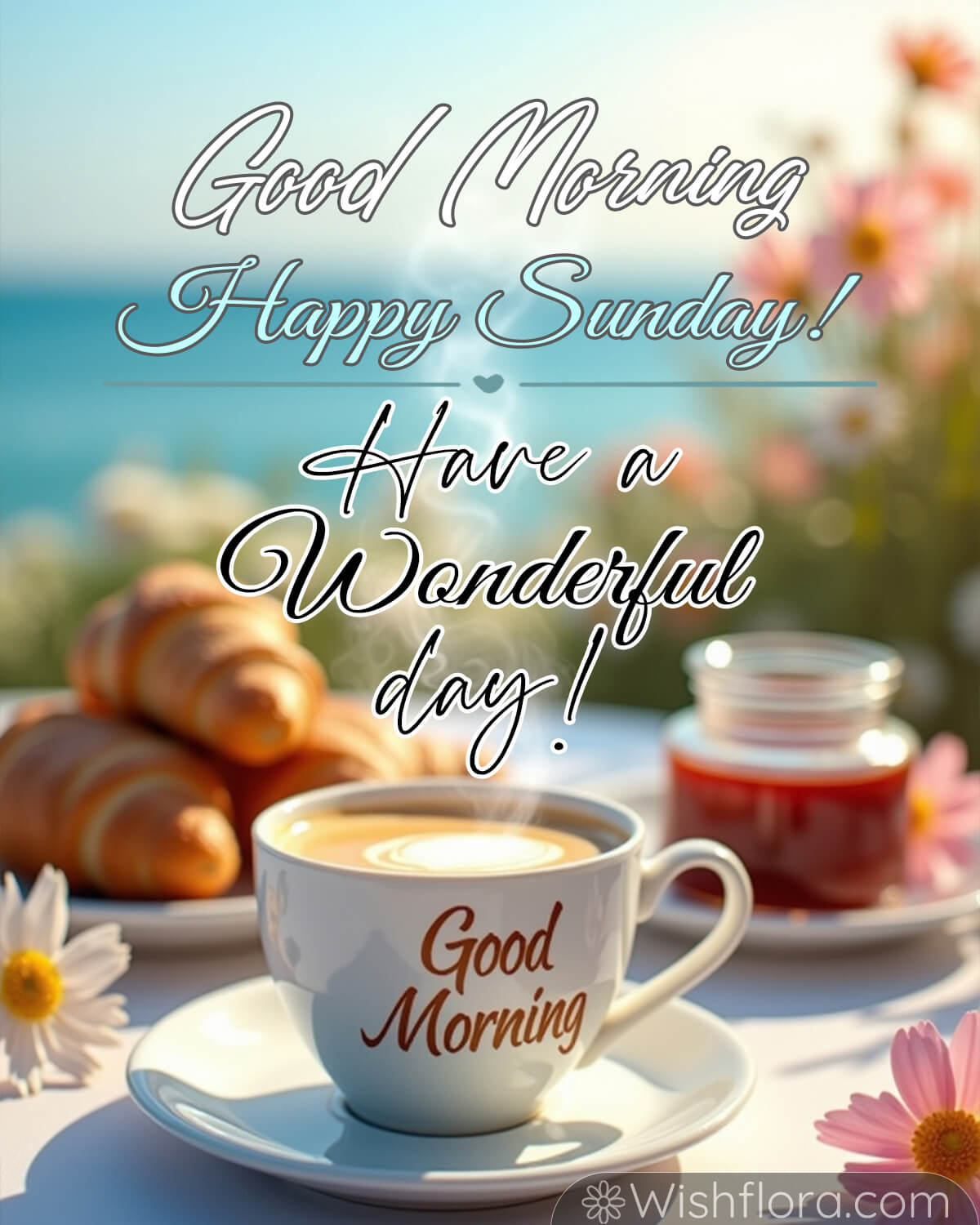 A cozy Sunday morning setup with a steaming cup of coffee labeled 'Good Morning,' croissants, and a jar of jam, set on a table with fresh daisies and a blurred sunny background.