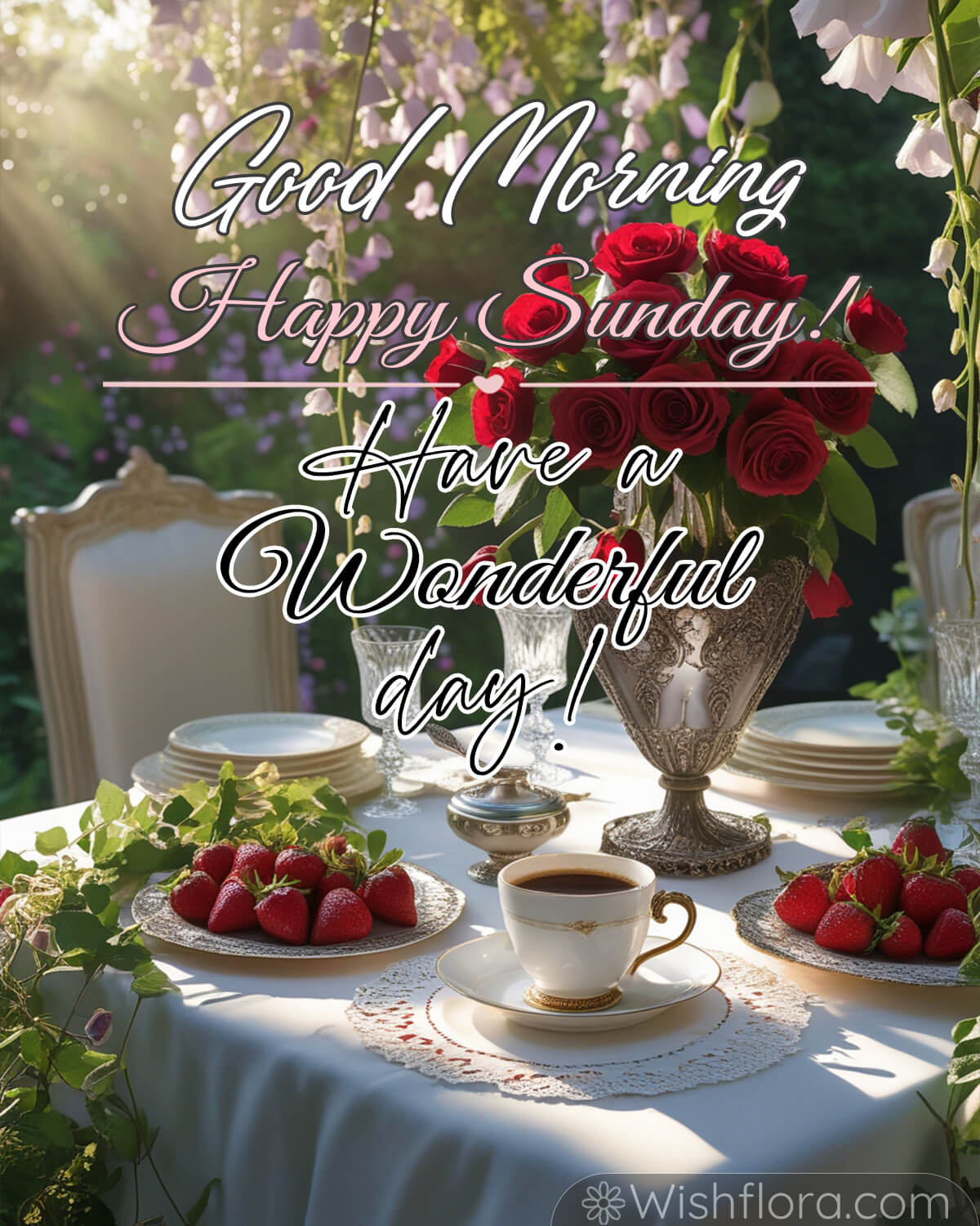 A luxurious table setting for a Sunday morning with a cup of coffee, a plate of fresh strawberries, and a vase of red roses under dappled sunlight.