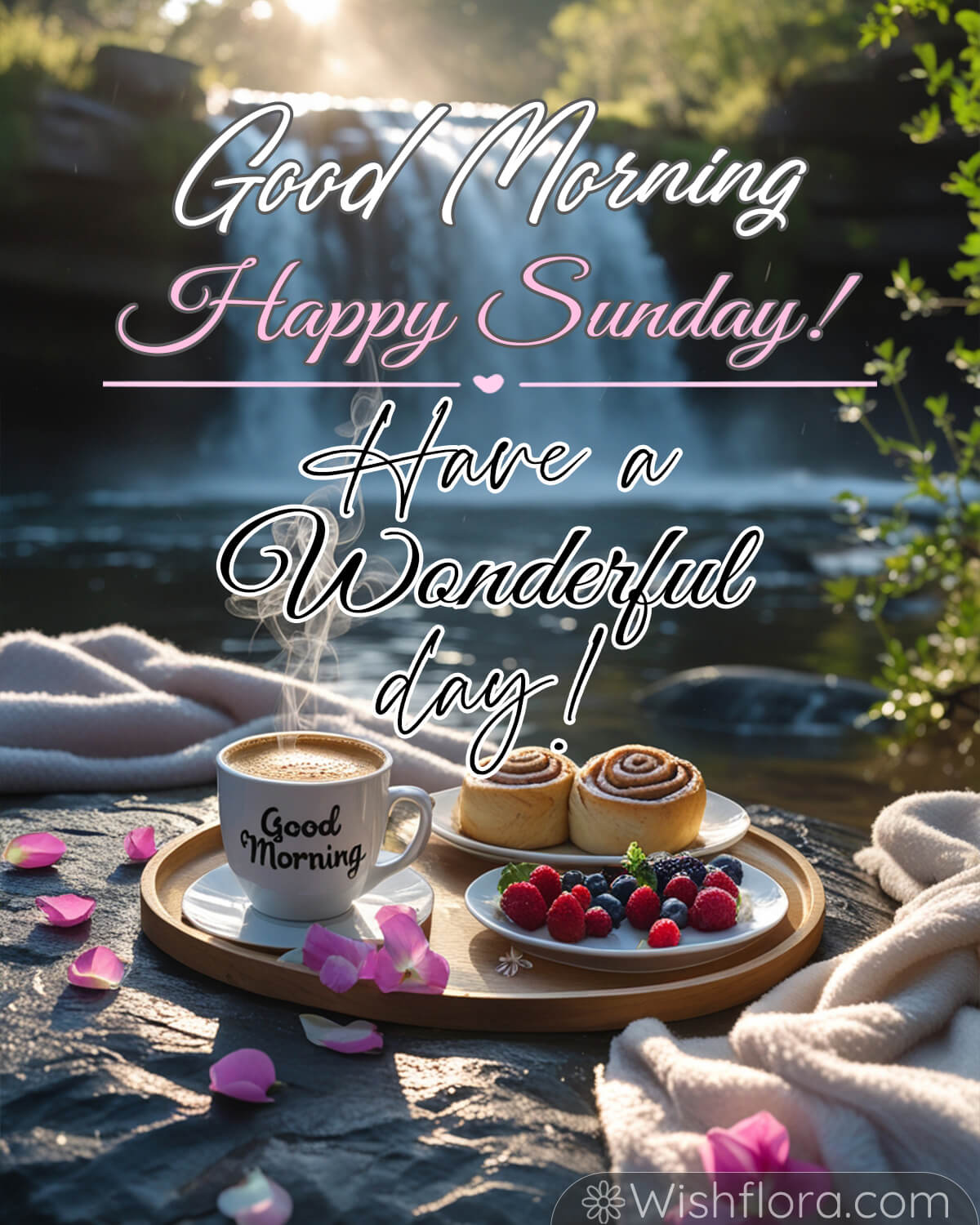 A peaceful riverside morning with a steaming cup of coffee labeled 'Good Morning,' cinnamon rolls, fresh berries, and scattered rose petals on a tray.