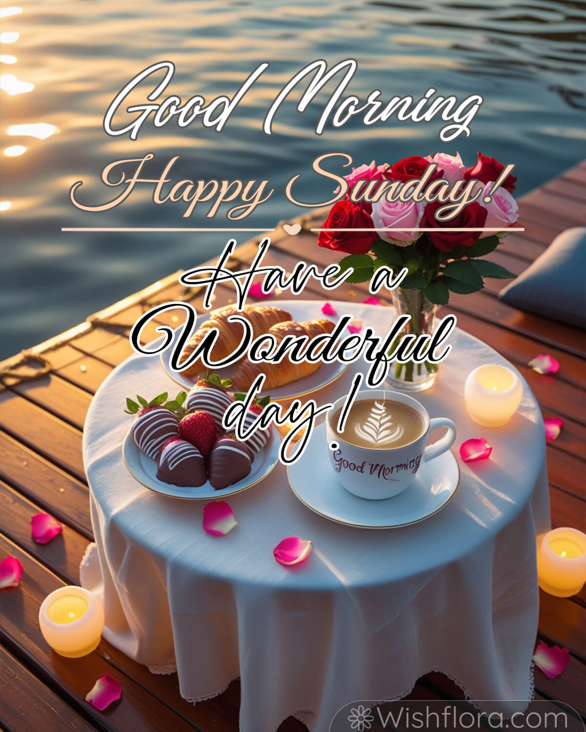 A romantic Sunday morning setup on a dock with a cup of coffee labeled 'Good Morning,' chocolate-covered strawberries, croissants, and a bouquet of red roses, surrounded by candles and rose petals.