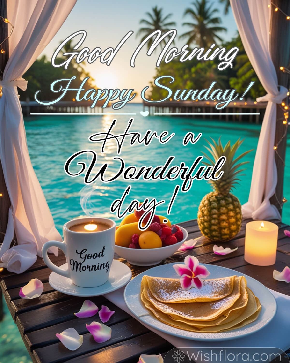 A tropical Sunday morning scene with a cup of coffee labeled 'Good Morning,' fresh fruit, pancakes topped with a flower, and a backdrop of a serene pool and palm trees.