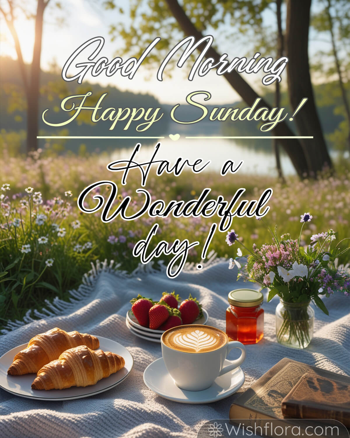 A peaceful outdoor Sunday morning picnic setup with a cup of coffee, croissants, strawberries, honey, and a small bouquet of flowers on a blanket near a lake.