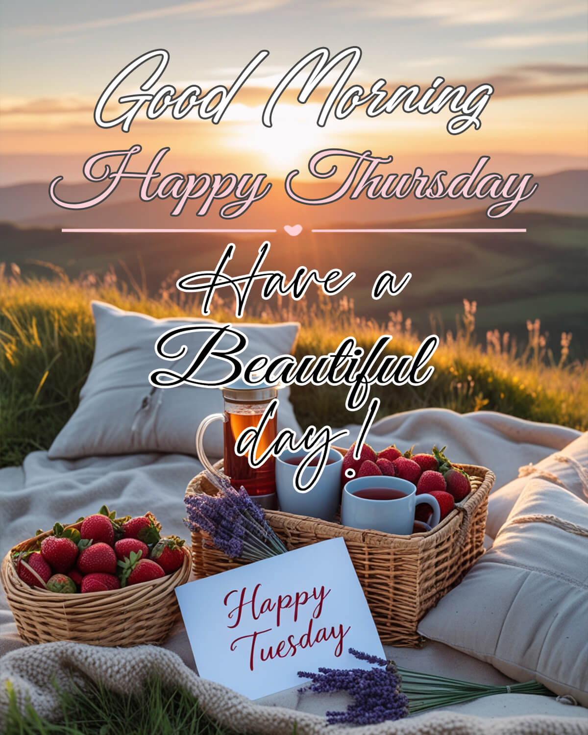 Good Morning Thursday blessings with a scenic sunrise, a cozy picnic setup, and baskets of strawberries and lavender.