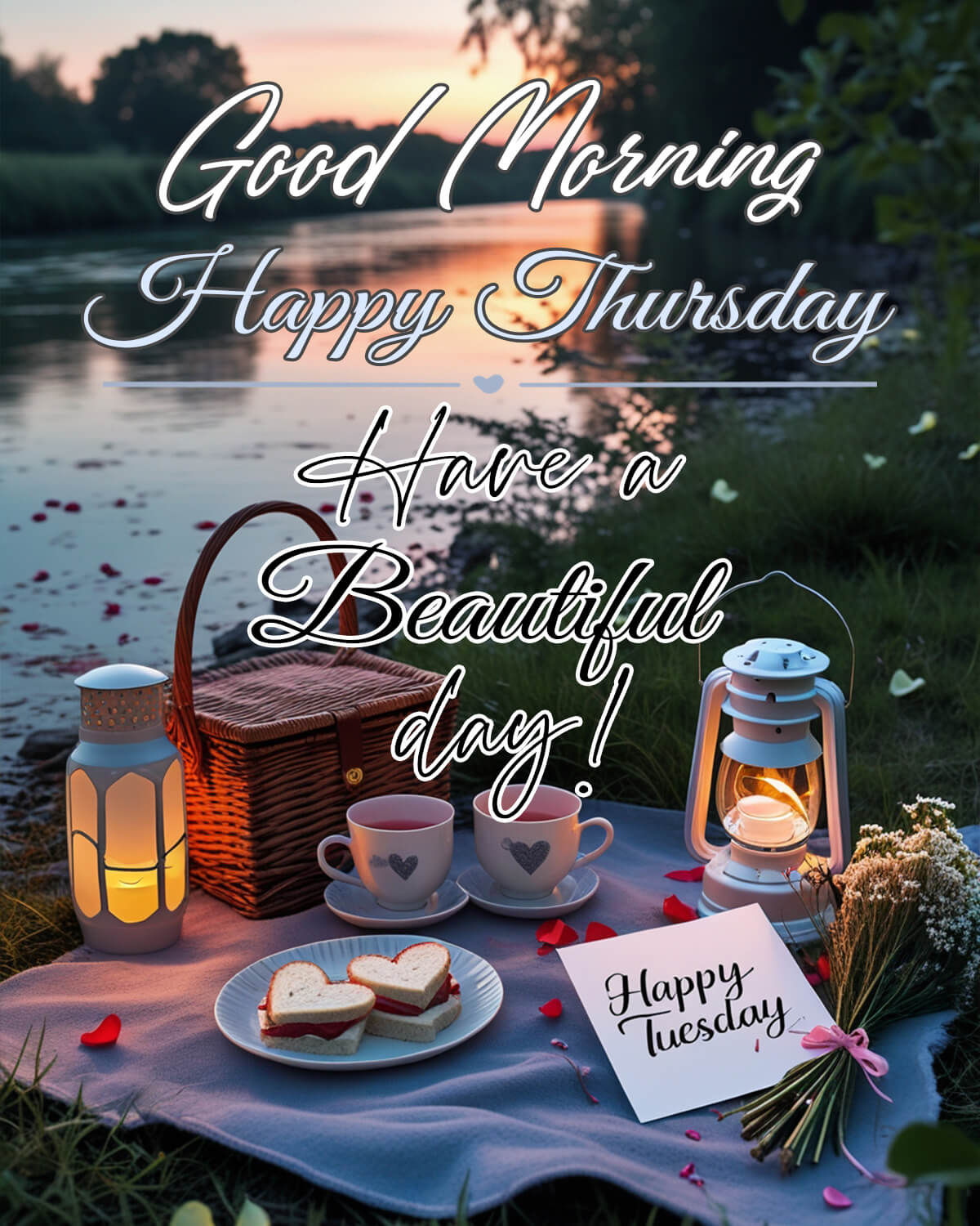 Good Morning Thursday blessings with a riverside picnic setup featuring heart-shaped sandwiches, lanterns, and tea.