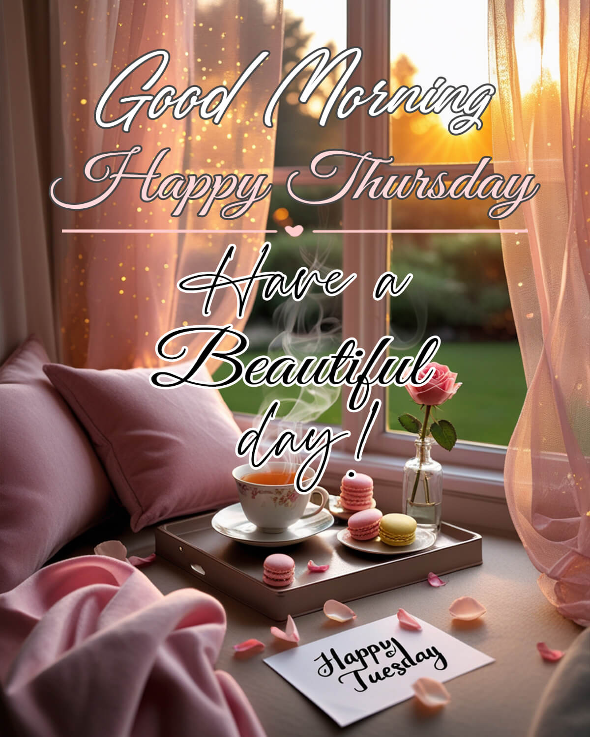 Good Morning Thursday blessings with a cozy window seat, a cup of tea, macarons, and a vase with a pink rose.